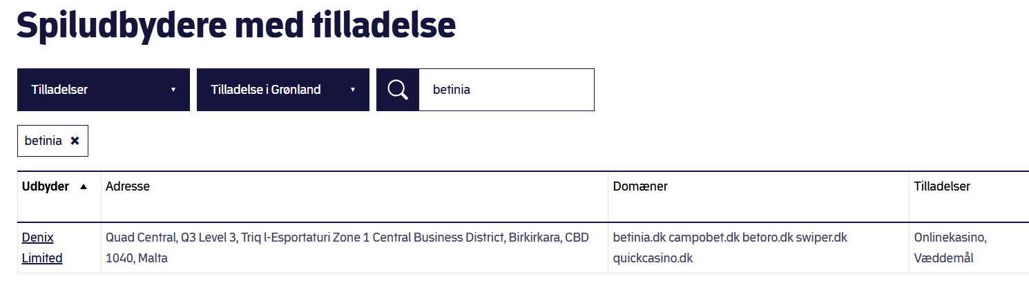 Betinia DK search
